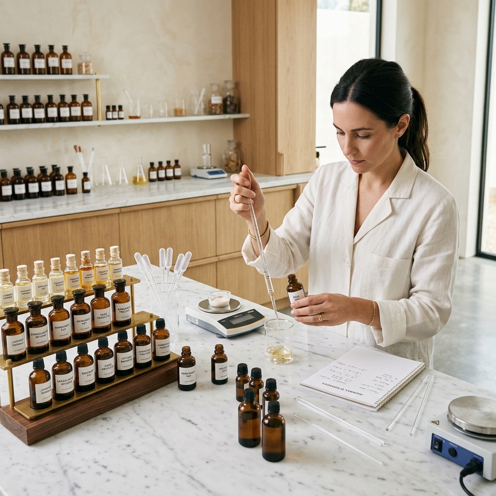 Laboratorio de perfumería con pipetas y viales de esencias