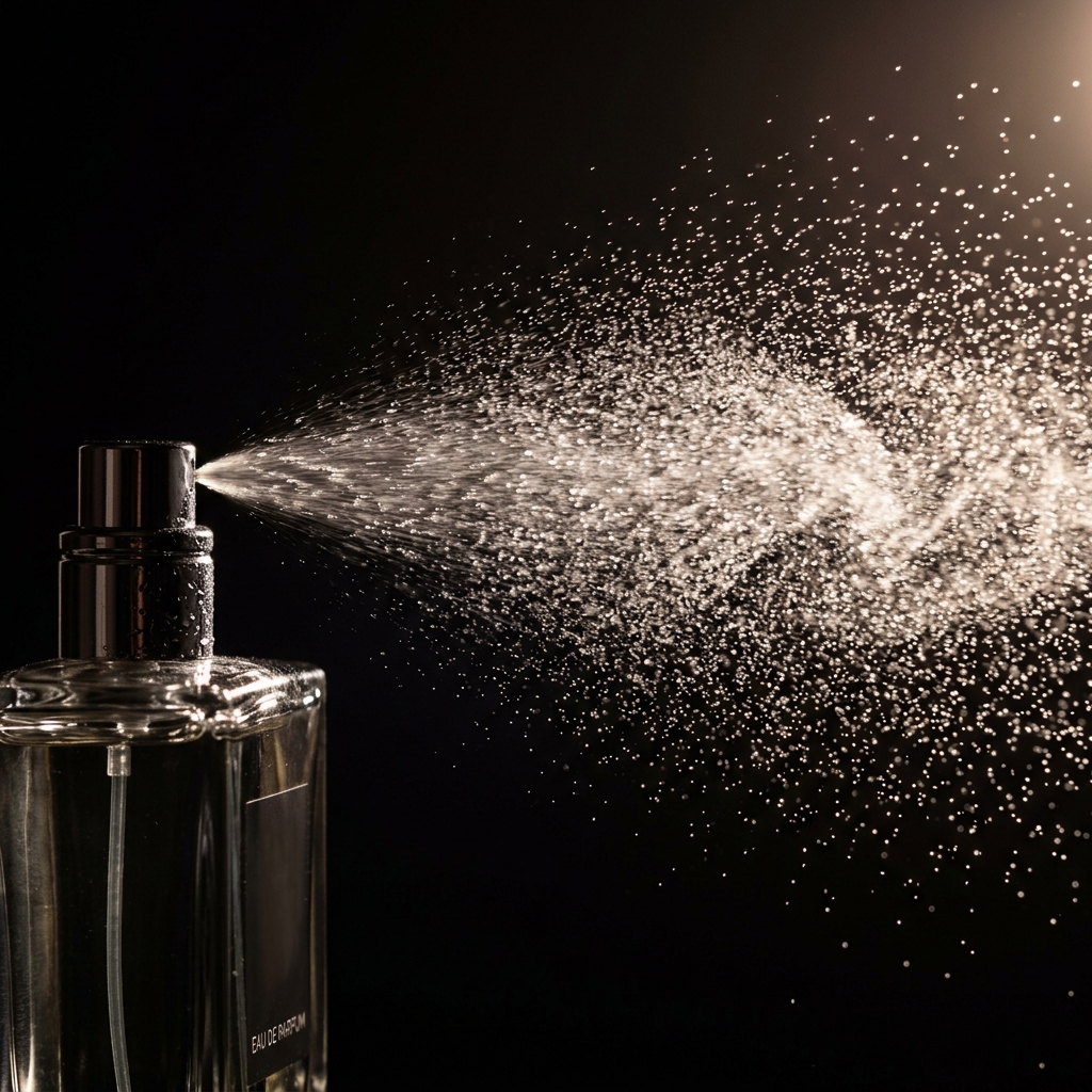Vaporización de perfume en spray contra un fondo oscuro