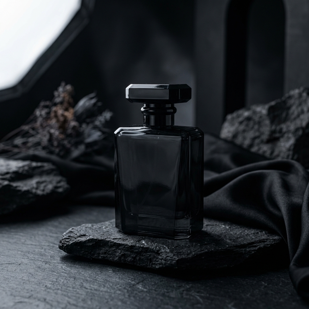 Frasco de perfume oscuro sin etiqueta enfocado en el misterio